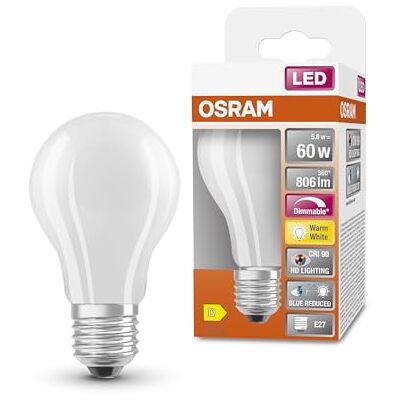 OSRAM Lamps Lampada LED, Forma della Lampadina, E27, 5.8 Watt, Bianco, Bianco Caldo, 2700 Kelvin OSRAM Lamps Lampada LED, Forma della Lampadina, E27, 5.8 Watt, Bianco, Bianco Caldo, 2700 Kelvin