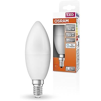 OSRAM Lampada LED classica di stella LED B60 per base E14, forma di candela, FR, 806 lume, luce diurna bianca, 6500k, sostituzione di lampadine da 60w convenzionali, non dimmerabile, pacchetto da 6 OSRAM Lampada LED classica di stella LED B60 per base E14, forma di candela, FR, 806 lume, luce diurna bianca, 6500k, sostituzione di lampadine da 60w convenzionali, non dimmerabile, pacchetto da 6