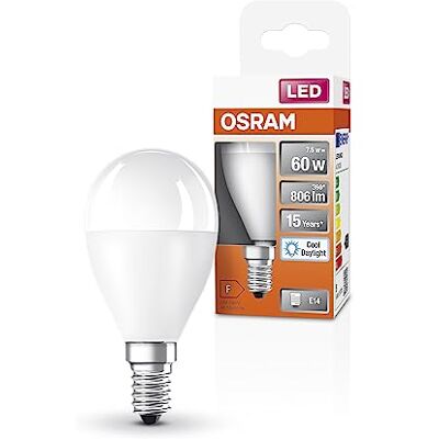 OSRAM Lampada LED Classic P60 Star Classic P60 per presa E14, forma a goccia, FR, lume 806, luce diurna bianca, 6500k, sostituzione per lampadine da 60w venzionali, non dimmerabile, pacchetto da 6 OSRAM Lampada LED Classic P60 Star Classic P60 per presa E14, forma a goccia, FR, lume 806, luce diurna bianca, 6500k, sostituzione per lampadine da 60w venzionali, non dimmerabile, pacchetto da 6
