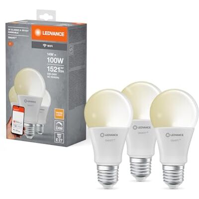 LEDVANCE Lampada LED intelligente con tecnologia WiFi, E27-base ottica opaca,Bianco caldo (2700K), 1521 Lumen, sostituzione delle lampade 100W, dimmerabile intelligente, 3-Confezione LEDVANCE Lampada LED intelligente con tecnologia WiFi, E27-base ottica opaca,Bianco caldo (2700K), 1521 Lumen, sostituzione delle lampade 100W, dimmerabile intelligente, 3-Confezione
