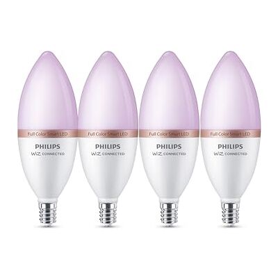 Philips Smart Lighting, Lampadina LED C37 Smart RGB, 4 Pz, E14, 470 lm, Luce Bianca Regolabile e a Colori 2.200-6.500 K, Dimmerabile, Connected by WiZ, Alexa, Google Home, Apple Home, Luci Led Philips Smart Lighting, Lampadina LED C37 Smart RGB, 4 Pz, E14, 470 lm, Luce Bianca Regolabile e a Colori 2.200-6.500 K, Dimmerabile, Connected by WiZ, Alexa, Google Home, Apple Home, Luci Led