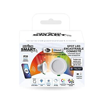 NITYAM SMART , Faretto LED collegato Wi-Fi da incasso, rotondo, 5 W, 400 lumen, illuminazione multicolore (RGB) + cambio bianco (CCT), comp. con Amazon Alexa, Google Home e Siri NITYAM SMART , Faretto LED collegato Wi-Fi da incasso, rotondo, 5 W, 400 lumen, illuminazione multicolore (RGB) + cambio bianco (CCT), comp. con Amazon Alexa, Google Home e Siri