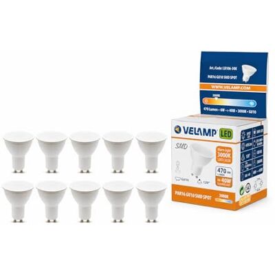 Velamp 10 Lampadine LED GU10, 6Watt Pari ad alogene da 40Watt, 470 lumen, Luce Bianca Calda 3000K, Angolo del Fascio di 120 Gradi, Lampadina LED Non Dimmerabile Velamp 10 Lampadine LED GU10, 6Watt Pari ad alogene da 40Watt, 470 lumen, Luce Bianca Calda 3000K, Angolo del Fascio di 120 Gradi, Lampadina LED Non Dimmerabile