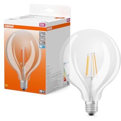 OSRAM Lampada LED LED Star Globe dalla classica forma sferica, 7 W / 806 lm, 4000 K per luce bianca fredda, CRI 80, vetro trasparente senza piombo, attacco E27, IP20, EEK E, DM 125 mm, confezione da 4 OSRAM Lampada LED LED Star Globe dalla classica forma sferica, 7 W / 806 lm, 4000 K per luce bianca fredda, CRI 80, vetro trasparente senza piombo, attacco E27, IP20, EEK E, DM 125 mm, confezione da 4