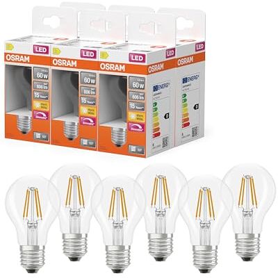 OSRAM Lampada LED Superstar forma lampadina A60 filamento dimmerabile, 2700 K bianco caldo, 5,9 W, E27, trasparente, 806 lm, per lampade da soffitto e da terra, 15.000 ore,6-Pack OSRAM Lampada LED Superstar forma lampadina A60 filamento dimmerabile, 2700 K bianco caldo, 5,9 W, E27, trasparente, 806 lm, per lampade da soffitto e da terra, 15.000 ore,6-Pack