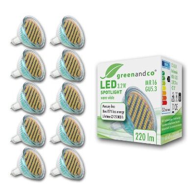 greenandco ®, Faretto LED con vetro di protezione MR16 / GU5.3/3,2W / 220 lm / 3000K, luce bianca calda, 120° / 12V, 10 pz. greenandco ®, Faretto LED con vetro di protezione MR16 / GU5.3/3,2W / 220 lm / 3000K, luce bianca calda, 120° / 12V, 10 pz.