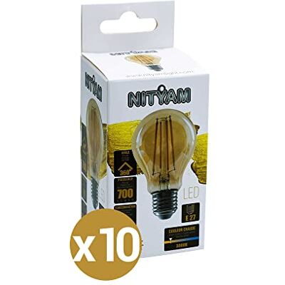 NITYAM Confezione da 10 Lampadina LED Filament Standard 8W 700 Lumen Attacco E27 Modello A60 Colore Ambra Colore Illuminazione Bianco Caldo 3000K Angolo d'illuminazione 360° NITYAM Confezione da 10 Lampadina LED Filament Standard 8W 700 Lumen Attacco E27 Modello A60 Colore Ambra Colore Illuminazione Bianco Caldo 3000K Angolo d'illuminazione 360°