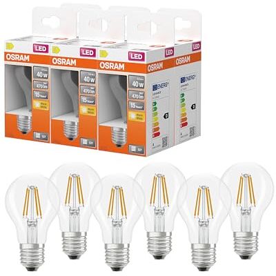 OSRAM Lampada LED Star bulb A40 filamento, 2700 K bianco caldo, 3,4 W, E27, trasparente, 470 lm, 15.000 h, per lampade da soffitto e da terra, soggiorno,6-Pack OSRAM Lampada LED Star bulb A40 filamento, 2700 K bianco caldo, 3,4 W, E27, trasparente, 470 lm, 15.000 h, per lampade da soffitto e da terra, soggiorno,6-Pack