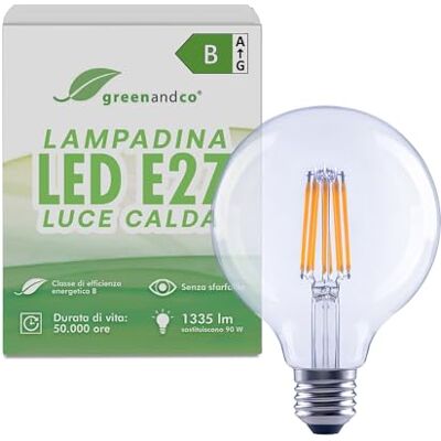 greenandco Lampadina E27 3000K, trasparente, 7.2W 1335lm, CRI 90+, G95 Lampadina LED E27 sostituisce 90W, luce calda, 320°, 230V, senza sfarfallio, classe energetica B, non dimmerabile greenandco Lampadina E27 3000K, trasparente, 7.2W 1335lm, CRI 90+, G95 Lampadina LED E27 sostituisce 90W, luce calda, 320°, 230V, senza sfarfallio, classe energetica B, non dimmerabile