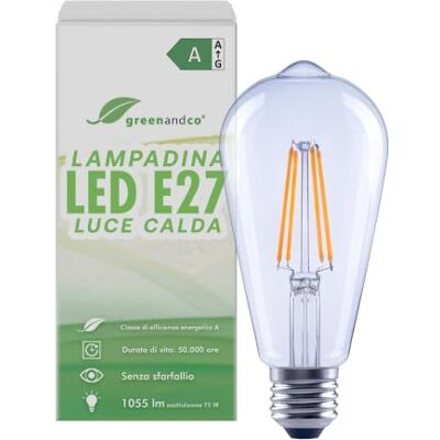 greenandco Lampadina LED E27 luce calda, trasparente, 5W 1055lm, ST64 Lampadina E27 sostituisce 75W, 2700K, 320°, 230V, senza sfarfallio, classe energetica A, non dimmerabile greenandco Lampadina LED E27 luce calda, trasparente, 5W 1055lm, ST64 Lampadina E27 sostituisce 75W, 2700K, 320°, 230V, senza sfarfallio, classe energetica A, non dimmerabile