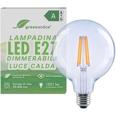 greenandco Lampadina dimmerabile e27, trasparente, 7.2W 1521lm, G125 Lampadina LED E27 sostituisce 100W, luce calda 3000K, 320°, 230V, senza sfarfallio, classe energetica A greenandco Lampadina dimmerabile e27, trasparente, 7.2W 1521lm, G125 Lampadina LED E27 sostituisce 100W, luce calda 3000K, 320°, 230V, senza sfarfallio, classe energetica A