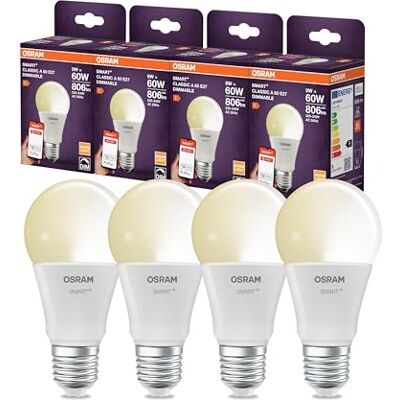 OSRAM Lampada LED SMART A60, forma lampadina E27, 9W ZigBee 3.0, dimmerabile 2700K bianco caldo, controllo tramite app, Alexa, Google Assistant,4-Pack OSRAM Lampada LED SMART A60, forma lampadina E27, 9W ZigBee 3.0, dimmerabile 2700K bianco caldo, controllo tramite app, Alexa, Google Assistant,4-Pack