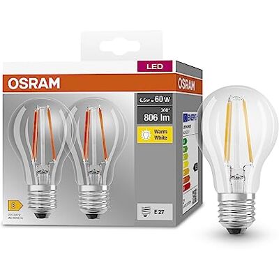 OSRAM Lampada LED BASE CLASSIC A FIL 60 con attacco E27, goccia, confezione doppia, 6.5 W, 806 lm, 2700K, luce bianca calda, bassa emissione di calore, lunga durata, basso consumo energetico OSRAM Lampada LED BASE CLASSIC A FIL 60 con attacco E27, goccia, confezione doppia, 6.5 W, 806 lm, 2700K, luce bianca calda, bassa emissione di calore, lunga durata, basso consumo energetico