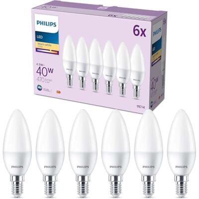 Philips LED E14 Candela, confezione da 6 lampadine, equivalente a 40 W, lampadine LED smerigliate, Plastica, Luce Bianca Calda 2700K, LED a risparmio energetico con lunga durata Philips LED E14 Candela, confezione da 6 lampadine, equivalente a 40 W, lampadine LED smerigliate, Plastica, Luce Bianca Calda 2700K, LED a risparmio energetico con lunga durata
