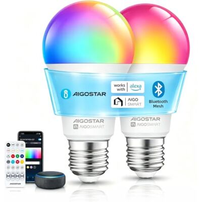 Aigostar Lampadine Smart E27, A60, 12W, 1150 LM, 2Pz 2700K-6500K e RGB Regolabile, Compatibile con Alexa e Google Assistant, con Telecomando Aigostar Lampadine Smart E27, A60, 12W, 1150 LM, 2Pz 2700K-6500K e RGB Regolabile, Compatibile con Alexa e Google Assistant, con Telecomando