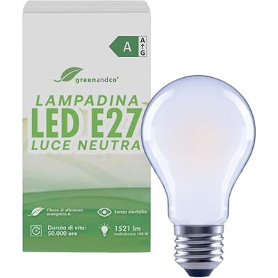 greenandco Lampadina LED E27 luce naturale, smerigliata, 7.2W 1521lm, A60 Lampadina E27 sostituisce 100W, 4000K, 320°, 230V, senza sfarfallio, classe energetica A, non dimmerabile greenandco Lampadina LED E27 luce naturale, smerigliata, 7.2W 1521lm, A60 Lampadina E27 sostituisce 100W, 4000K, 320°, 230V, senza sfarfallio, classe energetica A, non dimmerabile
