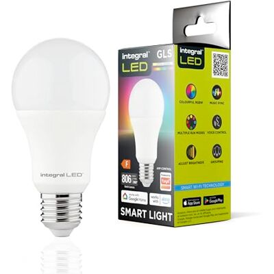 Integral Smart GLS E27 Lampadina LED dimmerabile con WiFi da 2,4 GHz, luce bianca calda, fredda e luce diurna, 2700 K-6500 K, 806 lm, 8,5 W (equivalente a 60 W), controllata da app, compatibile con Integral Smart GLS E27 Lampadina LED dimmerabile con WiFi da 2,4 GHz, luce bianca calda, fredda e luce diurna, 2700 K-6500 K, 806 lm, 8,5 W (equivalente a 60 W), controllata da app, compatibile con