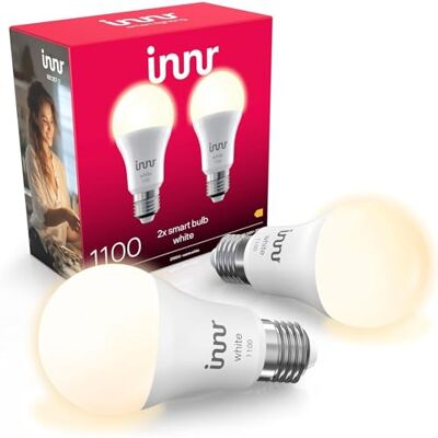 innr Lampadina Smart E27, per Hue* e hub Zigbee, Confezione da 2 LED, Luce Bianca Calda, 2700K, 50% di Luce in Più, 1150 lumen, Dimmerabili innr Lampadina Smart E27, per Hue* e hub Zigbee, Confezione da 2 LED, Luce Bianca Calda, 2700K, 50% di Luce in Più, 1150 lumen, Dimmerabili