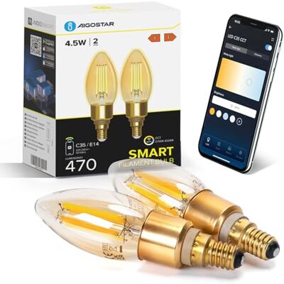 Aigostar Lampadine WiFi Alexa E14 Smart Lampadina Edison C35 4.5W 470lm Lampadine Smart Retrò Dimmerabile 2700K-6500K bianco freddo caldo, Compatibile Con Alexa, Google Home, ámbar 2 pezzi Aigostar Lampadine WiFi Alexa E14 Smart Lampadina Edison C35 4.5W 470lm Lampadine Smart Retrò Dimmerabile 2700K-6500K bianco freddo caldo, Compatibile Con Alexa, Google Home, ámbar 2 pezzi