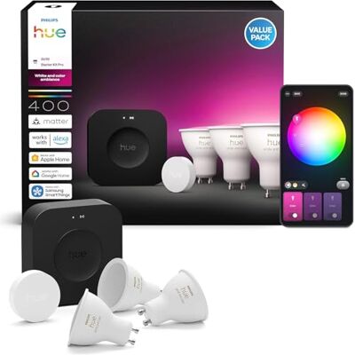 Philips Starter Kit, Con Hub Bridge Pro, 3 lampadine smart GU10 e Smart button, Lampadine intelligenti con luce bianca e colorata, Luci smart compatibili con Alexa, Google Assistant e Apple Home Philips Starter Kit, Con Hub Bridge Pro, 3 lampadine smart GU10 e Smart button, Lampadine intelligenti con luce bianca e colorata, Luci smart compatibili con Alexa, Google Assistant e Apple Home