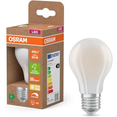 OSRAM Energy Class nella classica forma a lampadina, 3,8 W / 806 lm, EEK A, luce bianca calda (2700 K), CRI 80, in vetro smerigliato senza piombo, attacco E27, IP20, DM 60 mm, confezione da 6 OSRAM Energy Class nella classica forma a lampadina, 3,8 W / 806 lm, EEK A, luce bianca calda (2700 K), CRI 80, in vetro smerigliato senza piombo, attacco E27, IP20, DM 60 mm, confezione da 6