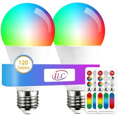 iLC Lampadina LED cambia colore, 120 colori, equivalente a 70 Watt, strobo fai da te, bianco caldo 2700K RGB con telecomando, LED 10W A60 E27 vite (confezione da 2) iLC Lampadina LED cambia colore, 120 colori, equivalente a 70 Watt, strobo fai da te, bianco caldo 2700K RGB con telecomando, LED 10W A60 E27 vite (confezione da 2)
