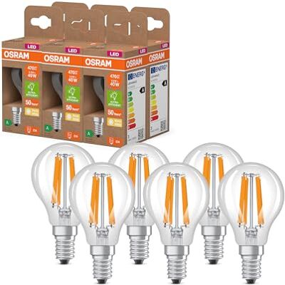 OSRAM Energy Class nella classica forma mini sferica, 2,2 W / 470 lm, EEK A, luce bianca calda (2700 K), CRI 80, in vetro senza piombo di colore trasparente, attacco E14, IP20, 45 mm DM, 6 pacchi OSRAM Energy Class nella classica forma mini sferica, 2,2 W / 470 lm, EEK A, luce bianca calda (2700 K), CRI 80, in vetro senza piombo di colore trasparente, attacco E14, IP20, 45 mm DM, 6 pacchi