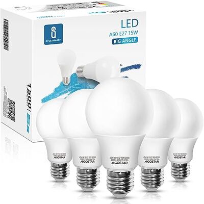 Aigostar Lampadine LED E27 15W (equivalenti a 99W), Luce Fredda 6500K, 1500 Lumen, A60 LED Lampadina Super Luminosa, Pacco da 5 Aigostar Lampadine LED E27 15W (equivalenti a 99W), Luce Fredda 6500K, 1500 Lumen, A60 LED Lampadina Super Luminosa, Pacco da 5