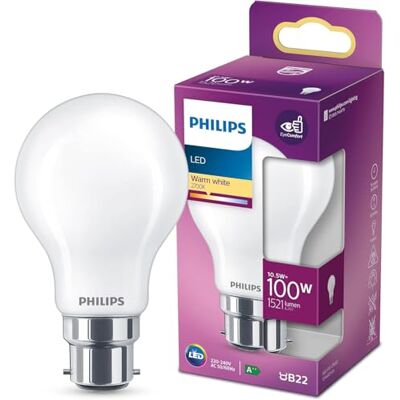 Philips Lampadina LED Classic, Equivalente a 100W, Attacco B22, Luce Bianca Calda, non Dimmerabile Philips Lampadina LED Classic, Equivalente a 100W, Attacco B22, Luce Bianca Calda, non Dimmerabile