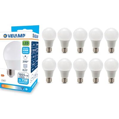 Velamp lampadina LED forma a goccia (A60) Confezione risparmio Attacco a vite grande (E27) Potenza 11W Equivalenti 75W Luminosità 1055ln Temperatura colore 6500K (luce fredda) Velamp lampadina LED forma a goccia (A60) Confezione risparmio Attacco a vite grande (E27) Potenza 11W Equivalenti 75W Luminosità 1055ln Temperatura colore 6500K (luce fredda)