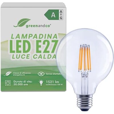 greenandco Lampadina LED E27 luce calda, trasparente, 7.2W 1521lm, G95 Lampadina E27 sostituisce 100W, 3000K, 320°, 230V, senza sfarfallio, classe energetica A, non dimmerabile greenandco Lampadina LED E27 luce calda, trasparente, 7.2W 1521lm, G95 Lampadina E27 sostituisce 100W, 3000K, 320°, 230V, senza sfarfallio, classe energetica A, non dimmerabile