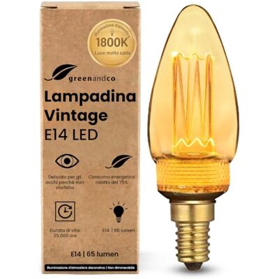 greenandco Lampadina E14 luce calda Vintage C35 ambra 2W 65lm 1800K Lampadina Vintage Edison, luce extra calda, angolo del fascio 320°, 230V, nessun sfarfallio, non dimmerabile greenandco Lampadina E14 luce calda Vintage C35 ambra 2W 65lm 1800K Lampadina Vintage Edison, luce extra calda, angolo del fascio 320°, 230V, nessun sfarfallio, non dimmerabile