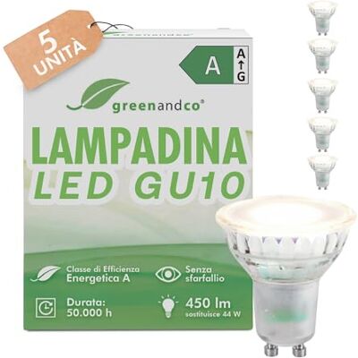 greenandco 5x Faretti GU10 LED 6500K 2.5W 450lm, angolo del fascio 36° Lampadine GU10 LED bianco freddo, sostituiscono 44 W, efficienza energetica A, 230V, senza sfarfallio, non dimmerabili greenandco 5x Faretti GU10 LED 6500K 2.5W 450lm, angolo del fascio 36° Lampadine GU10 LED bianco freddo, sostituiscono 44 W, efficienza energetica A, 230V, senza sfarfallio, non dimmerabili