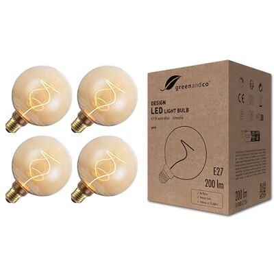 greenandco 4x lampadina LED design vintage per illuminazione ambientale dimmerabile E27 G125 4,9W 200lm 1800K (bianco molto caldo) 320° 230V ambra senza sfarfallio greenandco 4x lampadina LED design vintage per illuminazione ambientale dimmerabile E27 G125 4,9W 200lm 1800K (bianco molto caldo) 320° 230V ambra senza sfarfallio