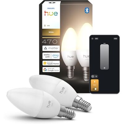 Philips Smart Lampadina LED a forma di candela, B39, E14, Pacco da 2, Luce Bianco Caldo 2700 K, 470 lm, Regolazione della Luminosità, Compatibile con Alexa, Google Home e Apple Home Philips Smart Lampadina LED a forma di candela, B39, E14, Pacco da 2, Luce Bianco Caldo 2700 K, 470 lm, Regolazione della Luminosità, Compatibile con Alexa, Google Home e Apple Home