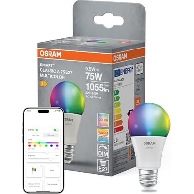 OSRAM Lampada LED SMART+ A75, forma lampadina E27 RGBW, multicolore, dimmerabile, Matter over WiFi, controllo tramite app e voce, 9,5 W, 16 milioni di colori OSRAM Lampada LED SMART+ A75, forma lampadina E27 RGBW, multicolore, dimmerabile, Matter over WiFi, controllo tramite app e voce, 9,5 W, 16 milioni di colori