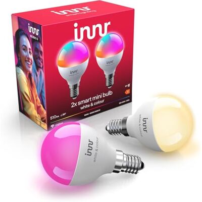 innr Lampadina Smart Miniglobo E14, per Hue* e hub Zigbee, Confezione da 2 LED RGB, Bianco e Colori, 16 Milioni di Colori, 510 lumen, Dimmerabili innr Lampadina Smart Miniglobo E14, per Hue* e hub Zigbee, Confezione da 2 LED RGB, Bianco e Colori, 16 Milioni di Colori, 510 lumen, Dimmerabili