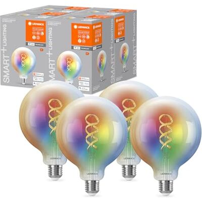 LEDVANCE Lampada LED SMART+ WIFI, vetro chiaro, 4,8 W,470 lm, forma Globo con diametro 125 mm e E27, colore e luce bianca regolabili, dimmerabile, app o controllo vocale, lunga durata, confezione da 4 LEDVANCE Lampada LED SMART+ WIFI, vetro chiaro, 4,8 W,470 lm, forma Globo con diametro 125 mm e E27, colore e luce bianca regolabili, dimmerabile, app o controllo vocale, lunga durata, confezione da 4