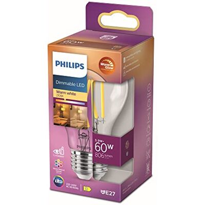 Philips Lampadina a LED, luce bianca calda, E27, 60 W, trasparente, dimmerabile, a risparmio energetico, lampadina a filamento, 1 pezzo Philips Lampadina a LED, luce bianca calda, E27, 60 W, trasparente, dimmerabile, a risparmio energetico, lampadina a filamento, 1 pezzo