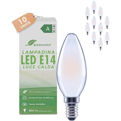 greenandco 10 Lampadine LED E14 luce calda, smerigliate, 3.8W 806lm, C35 Lampadine E14 sostituiscono 60W, 2700K, 320°, 230V, senza sfarfallio, classe energetica A, non dimmerabili greenandco 10 Lampadine LED E14 luce calda, smerigliate, 3.8W 806lm, C35 Lampadine E14 sostituiscono 60W, 2700K, 320°, 230V, senza sfarfallio, classe energetica A, non dimmerabili
