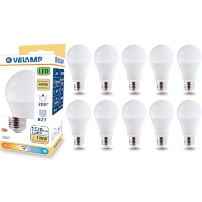 Velamp lampadina LED forma a goccia (A60) Confezione risparmio Attacco a vite grande (E27) Potenza 15W Equivalenti 100W Luminosità 1521ln Temperatura colore 4000K (luce naturale) Velamp lampadina LED forma a goccia (A60) Confezione risparmio Attacco a vite grande (E27) Potenza 15W Equivalenti 100W Luminosità 1521ln Temperatura colore 4000K (luce naturale)