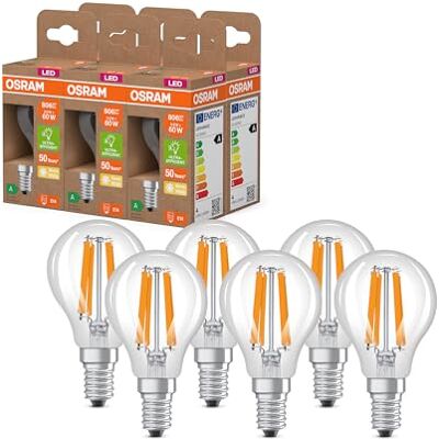 OSRAM Energy Class nella classica forma mini sferica, 3,8 W / 806 lm, EEK A, luce bianca calda (2700 K), CRI 80, in vetro senza piombo di colore trasparente, attacco E14, IP20, 45 mm DM, 6 pacchi OSRAM Energy Class nella classica forma mini sferica, 3,8 W / 806 lm, EEK A, luce bianca calda (2700 K), CRI 80, in vetro senza piombo di colore trasparente, attacco E14, IP20, 45 mm DM, 6 pacchi