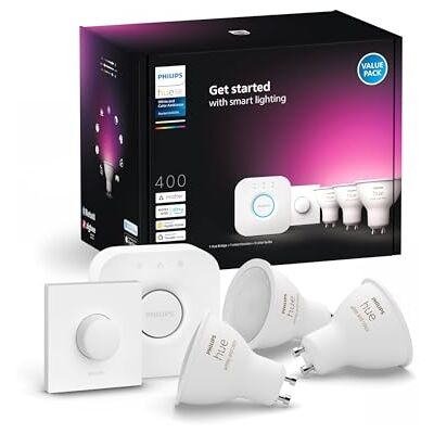 Philips Starter Kit, 3 Faretti smart LED GU10 con Smart Button e Bridge Luce bianca e colorata, Dimmerabile, Smart Home, 16 milioni di colori, Controllo via app e bluetooth, Compatibile con Alexa Philips Starter Kit, 3 Faretti smart LED GU10 con Smart Button e Bridge Luce bianca e colorata, Dimmerabile, Smart Home, 16 milioni di colori, Controllo via app e bluetooth, Compatibile con Alexa