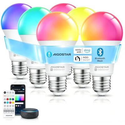 Aigostar Lampadina Smart E27, A60, 12W, 1150 LM, 6Pz 2700K-6500K e RGB Regolabile, Compatibile con Alexa e Google Assistant, con Telecomando Aigostar Lampadina Smart E27, A60, 12W, 1150 LM, 6Pz 2700K-6500K e RGB Regolabile, Compatibile con Alexa e Google Assistant, con Telecomando