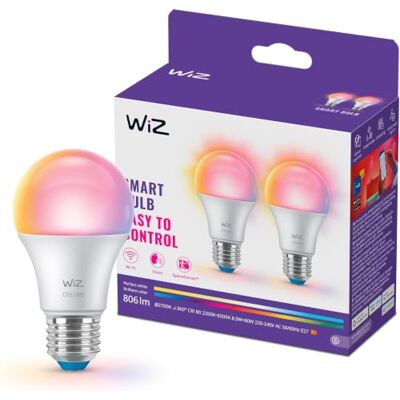 WiZ Lampadina Smart LED A60, a colori e bianco Regolabile, attacco E27, equivalente 60 W, 806 lumen, intensità regolabile, compatibile con Alexa, Google Assistant e Apple Home, conf. da 2 WiZ Lampadina Smart LED A60, a colori e bianco Regolabile, attacco E27, equivalente 60 W, 806 lumen, intensità regolabile, compatibile con Alexa, Google Assistant e Apple Home, conf. da 2