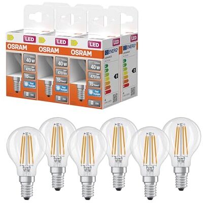 OSRAM Lampada LED Star Globe P40 Filament, 6500 K luce bianca fredda diurna, 3,4 W, E14, trasparente, 470 lm, per apparecchi da tavolo e a sospensione, 15.000 ore,6-Pack OSRAM Lampada LED Star Globe P40 Filament, 6500 K luce bianca fredda diurna, 3,4 W, E14, trasparente, 470 lm, per apparecchi da tavolo e a sospensione, 15.000 ore,6-Pack