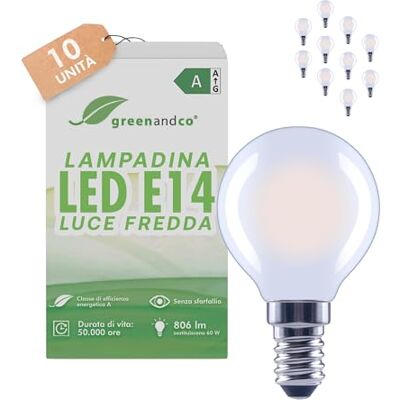 greenandco 10x Lampadine LED E14 luce fredda, smerigliate, 3.8W 806lm, G45 Lampadine E14 sostituiscono 60W, 6500K, 320°, 230V, senza sfarfallio, classe energetica A, non dimmerabili greenandco 10x Lampadine LED E14 luce fredda, smerigliate, 3.8W 806lm, G45 Lampadine E14 sostituiscono 60W, 6500K, 320°, 230V, senza sfarfallio, classe energetica A, non dimmerabili