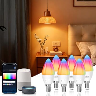 Aigostar Lampadina Alexa E14 SL2 WiFi Lampadine Smart LED 6.5W 555LM, Lampadina Intelligente RGBCCT Dimmerabile, 2700K-6500K, Sincronizza con la musica, compatibile con Alexa/Google Home, 6 Unità Aigostar Lampadina Alexa E14 SL2 WiFi Lampadine Smart LED 6.5W 555LM, Lampadina Intelligente RGBCCT Dimmerabile, 2700K-6500K, Sincronizza con la musica, compatibile con Alexa/Google Home, 6 Unità