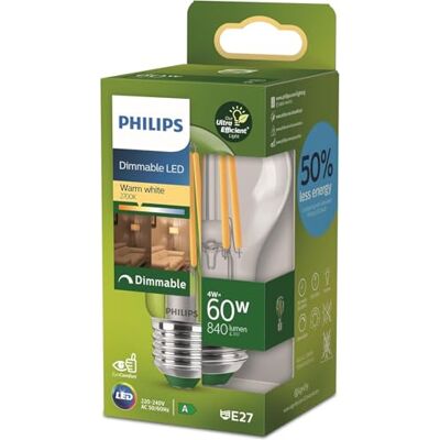 Philips Classic ultra-efficient LED bulb with energy efficiency class A, replaces 60W, E27 base, clear, warm white light, dimmable Philips Classic ultra-efficient LED bulb with energy efficiency class A, replaces 60W, E27 base, clear, warm white light, dimmable