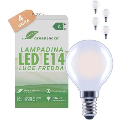 greenandco 4x Lampadine LED E14 luce fredda, smerigliate, 3.8W 806lm, G45 Lampadine E14 sostituiscono 60W, 6500K, 320°, 230V, senza sfarfallio, classe energetica A, non dimmerabili greenandco 4x Lampadine LED E14 luce fredda, smerigliate, 3.8W 806lm, G45 Lampadine E14 sostituiscono 60W, 6500K, 320°, 230V, senza sfarfallio, classe energetica A, non dimmerabili